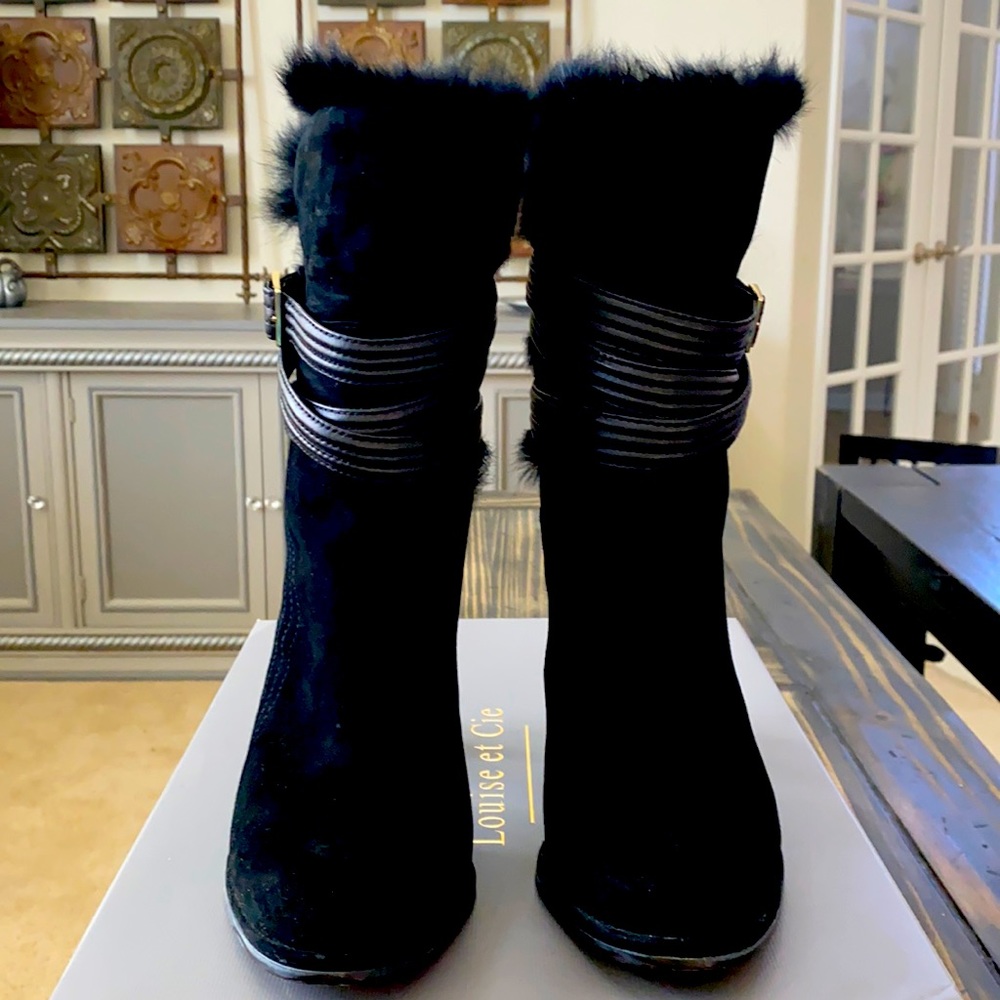 Louis et Cie black rabbit fur trimmed boots.